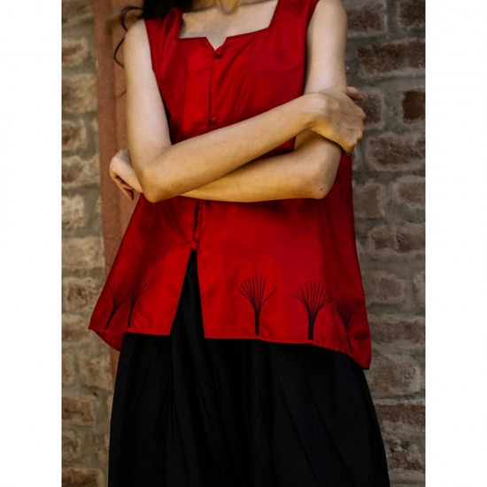 Red Silk Top with Black Butas