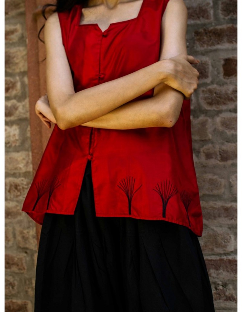 Red Silk Top with Black Butas Red Silk Top with Black Butas