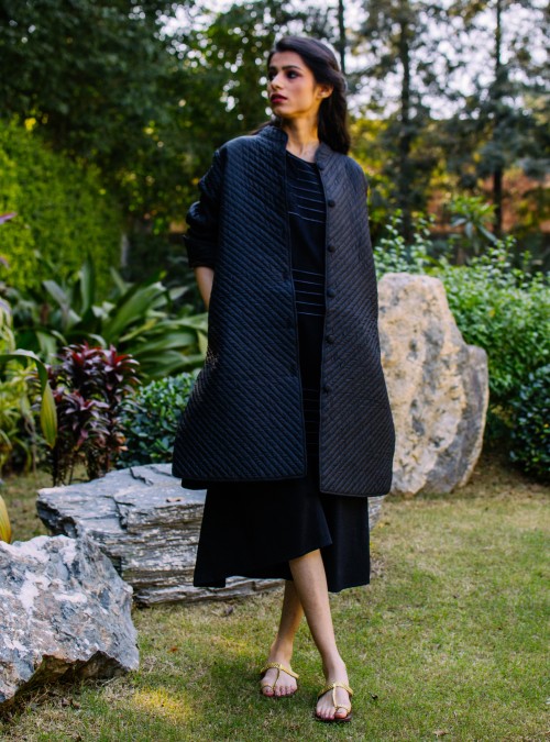 Diagonally Quilted Black Silk Jacket