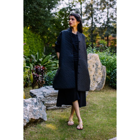 Diagonally Quilted Black Silk Jacket