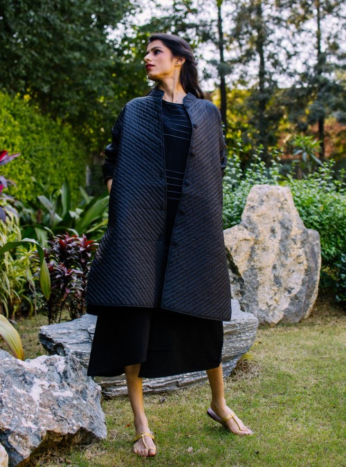Diagonally Quilted Black Silk Jacket