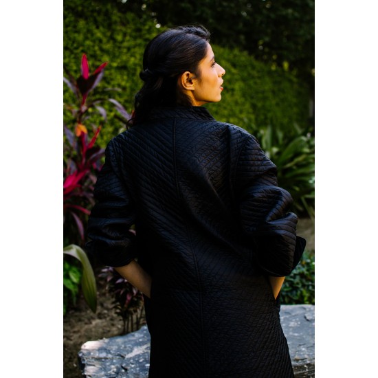 Diagonally Quilted Black Silk Jacket