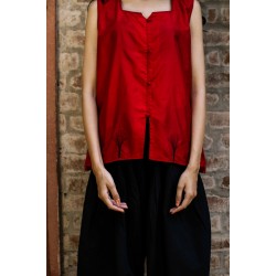 Red Silk Top with Black Butas