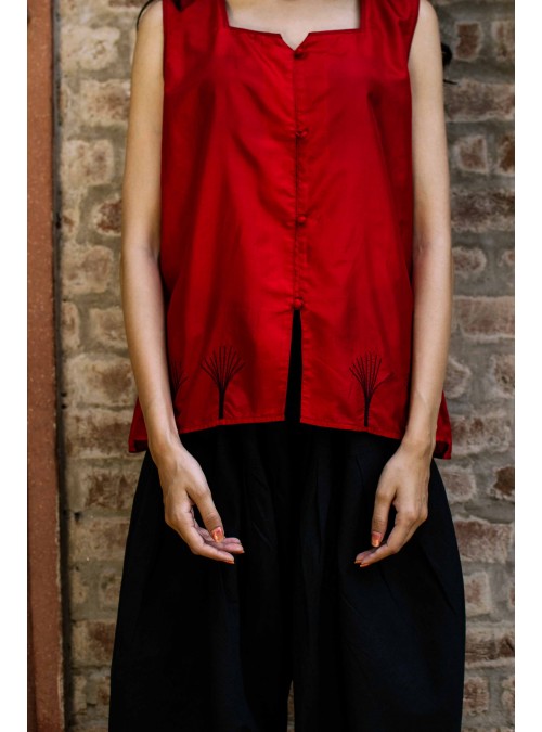 Red Silk Top with Black Butas