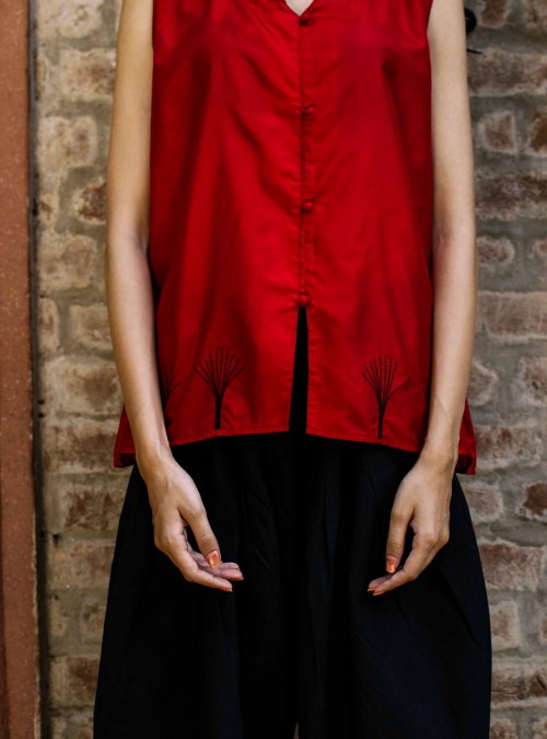 Red Silk Top with Black Butas
